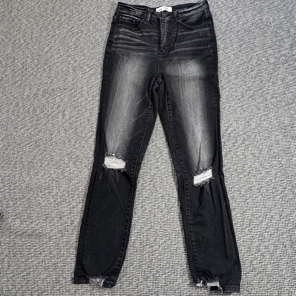 PacSun Billie High Rise Skinny Jeans Faded Black Distressed Raw Hem Size 27